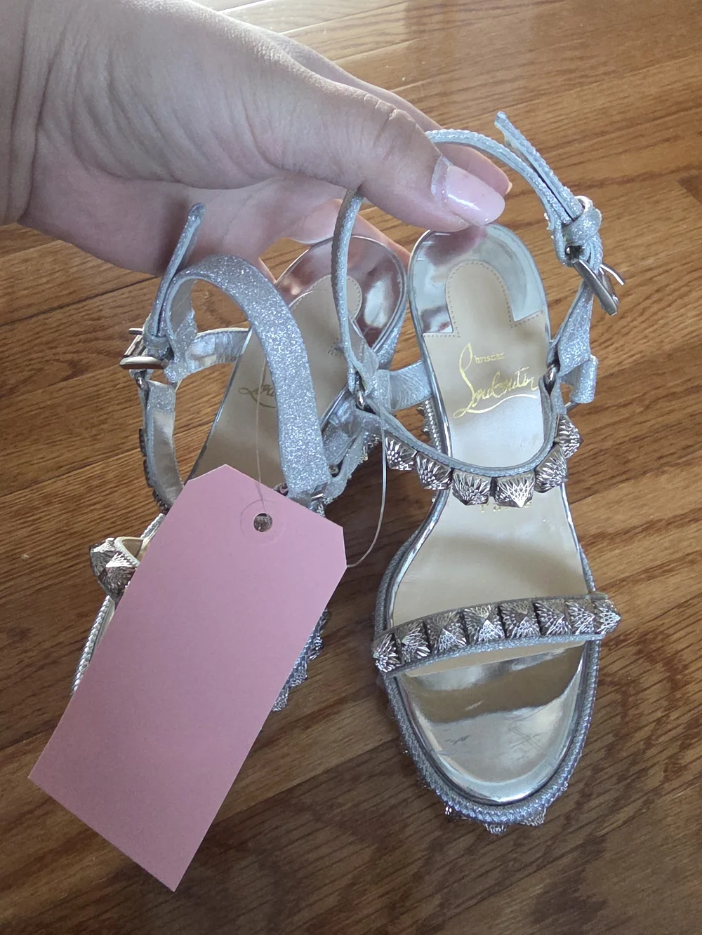 Christian Louboutin Silver Glitter Wedge Sandals with Studded Platform